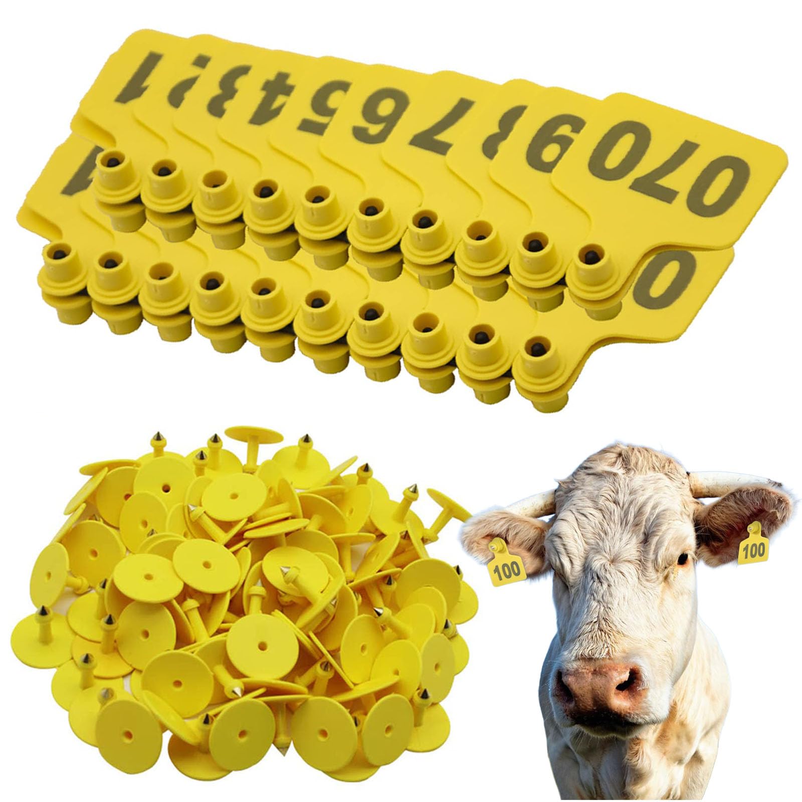 Ohrmarken für Nutztiere, Ohrmarken, 100 Stück, Kunststoff-Ohrmarken for Nutztiere mit Zahlen for Rinder, Kühe, Schweine, Schafe, Ziegen, Rot, 001–100(Yellow,901 1000)