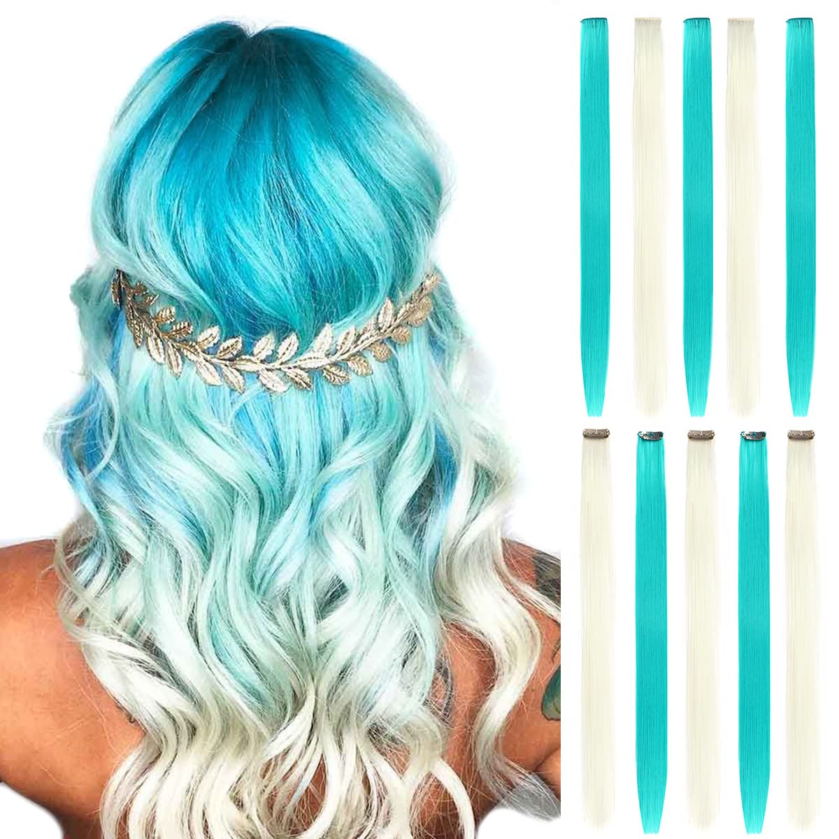Amazon.com : BHF Teal Blue White Hair Extensions Clip in Halloween Hair  Accessories for Kids Girls Women Bright Vibrant Neon Hair Extensions Fairy  Hairpieces Long Straight Color Hair Extensions 22" : Beauty