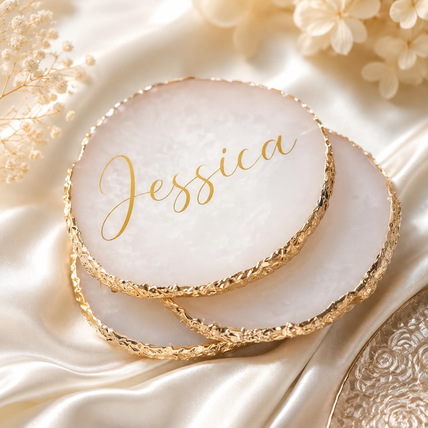 Personalized Agate Style Resin Coasters - Custom Name Geode Drink Coaster - Gold Leaf Hand-Painted Rim, Wedding Favor & New Home Gift