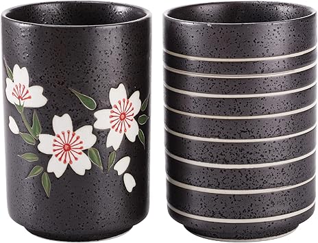 Hedume Set of 2 Japanese Tea Cups, 10oz Ceramic Teacup Mug, Japanese Cherry Blossoms and Line Design Ceramic Tea Cups Set for Green Tea, Matcha Tea, Bancha