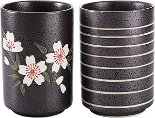 Hedume Set of 2 Japanese Tea Cups, 10oz Ceramic Mug with Cherry Blossoms and Line Design for Green Tea, Matcha, Bancha