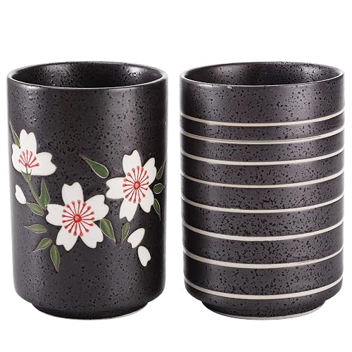 Hedume Set of 2 Japanese Tea Cups, 10oz Ceramic Teacup Mug, Japanese Cherry Blossoms and Line Design Ceramic Tea Cups Set for Green Tea, Matcha Tea, Bancha - 2 Count (Pack of 1)