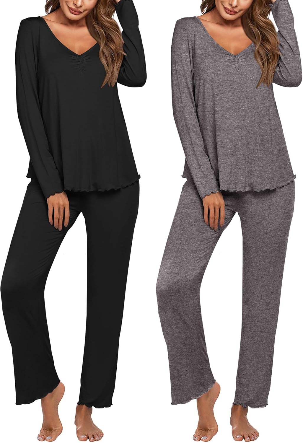 Ekouaer Womens 2 Pack Pajama Set Long Sleeve Pajamas Top and Pants V Neck Pjs Set Soft Sleepwear Loungewear