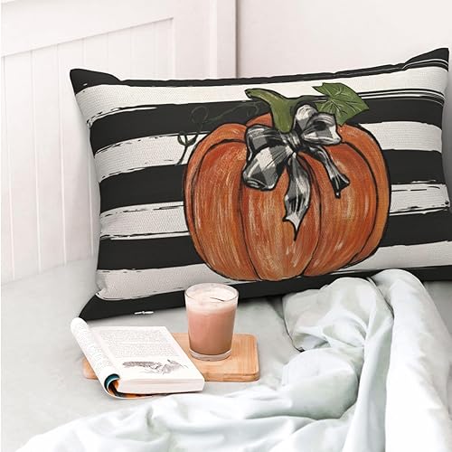 Miniatura 249 de Juego de 2 fundas de almohada de otoño de 18 x 18 pulgadas, hojas de arce de calabaza y búfalo a cuadros, decoración de otoño, de lino, Acción