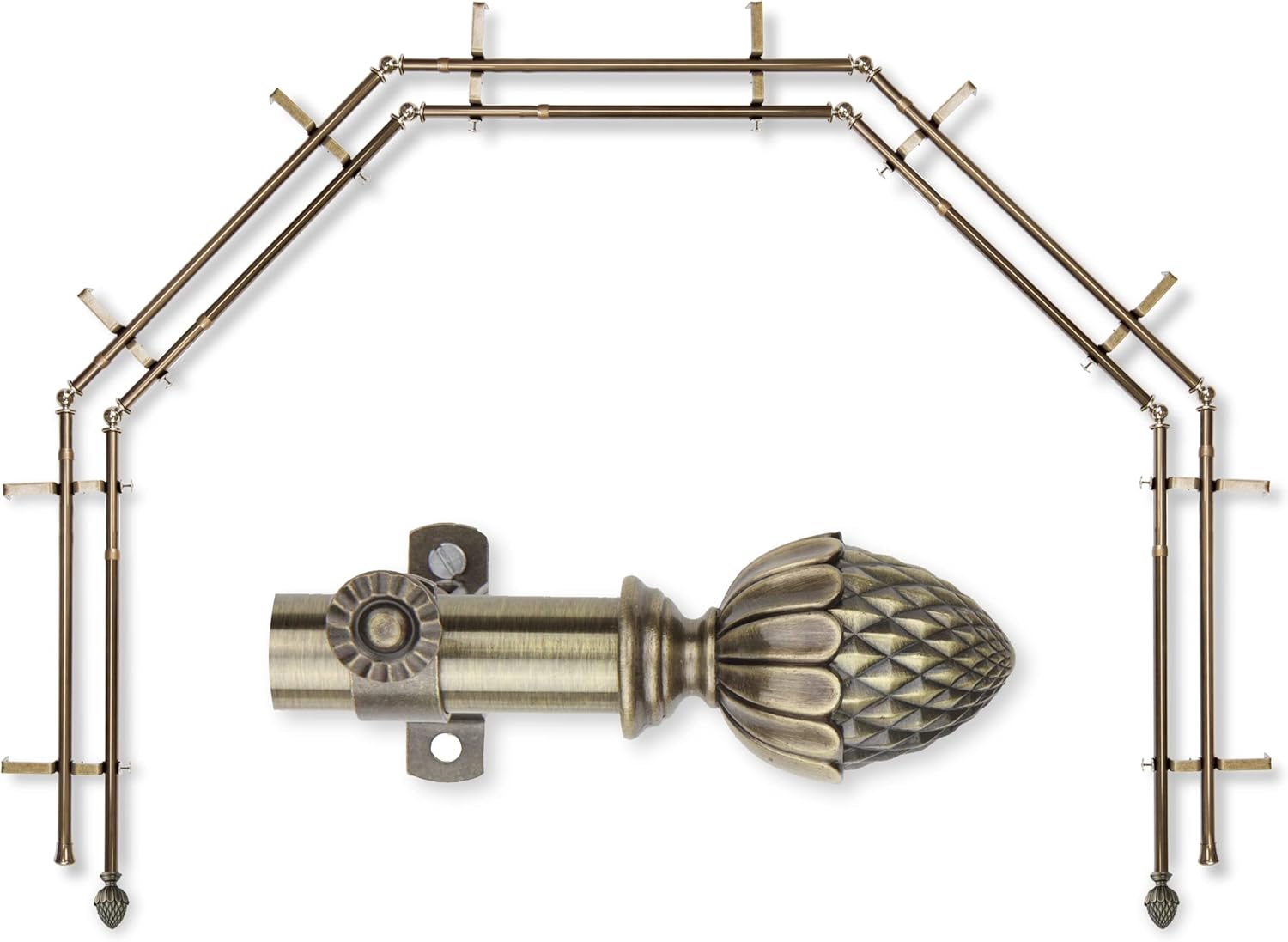 A&F Rod Décor - Kernel 13/16" 5-Sided Double Bay Window Curtain Rod - Antique Brass