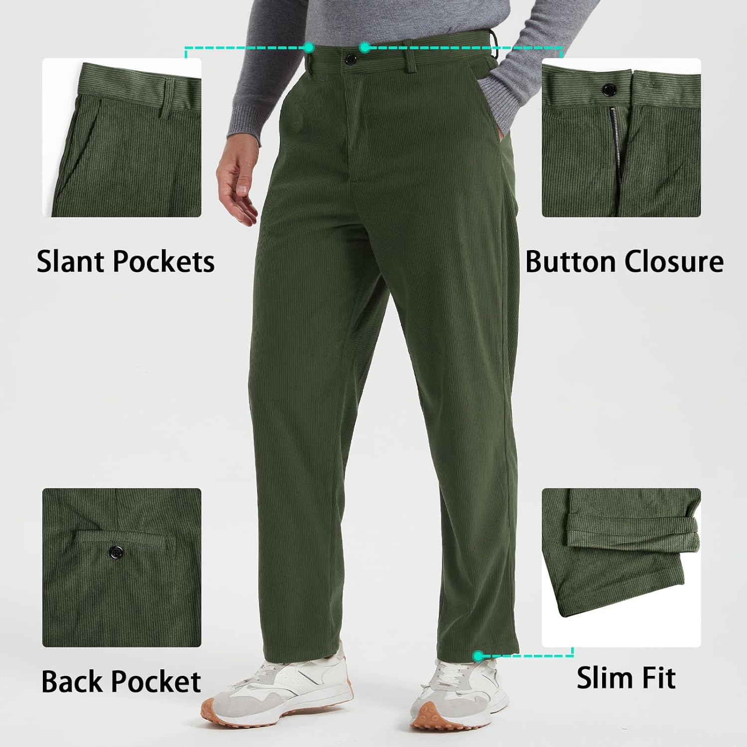 Men's Corduroy Pants Slim Casual Straight Pants Mens Vintage Comfort Flat Front Classic with Pocket Cargo Pants - Image 5