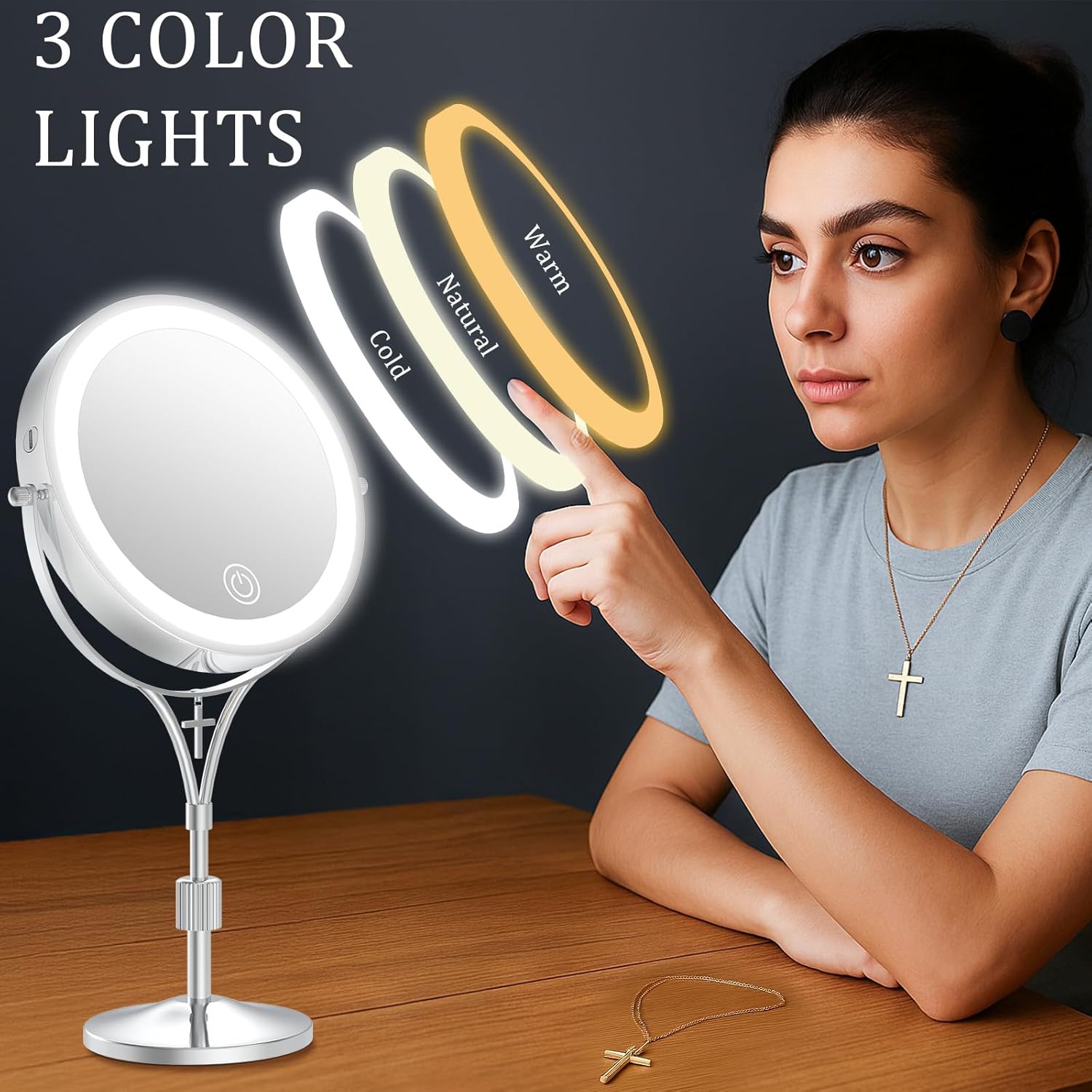 1x/10x Magnifying Mirror with 3 Color Lights and Cross Dangle Charm, 7" Lighted Makeup Mirror with Magnification, Height Adjustable Vanity Mirror, Birthday Christian Gifts for Women, Chrome