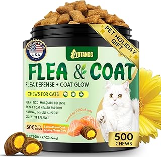 YOTANGO Cat Flea Treatment Crunchy & Creamy Chewables, 500 Chews Natural Flea and Tick Prevention for Cats + Skin and Coat Support, Daily Oral Supplement Chewables for Cats and Kittens (Salmon Flavor)