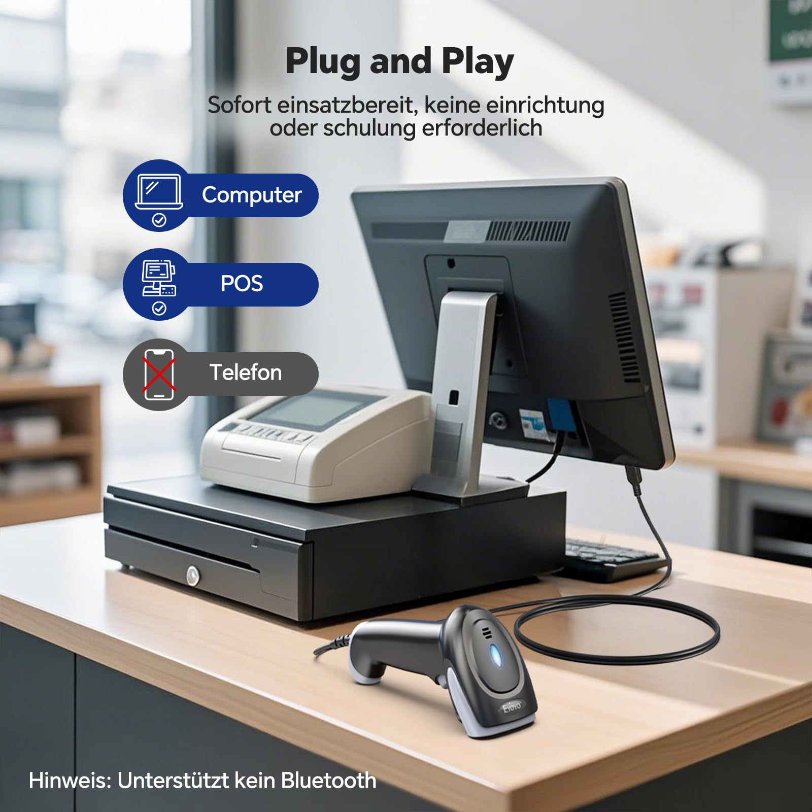 Eyoyo 2D Barcode Scanner, Lector de Códigos de Barras QR con Exploración de Pantalla, Portátil Escáner de Códigos de Barras Cableado con Cable USB para Supermercados Farmacias Bibliotecas Tiendas