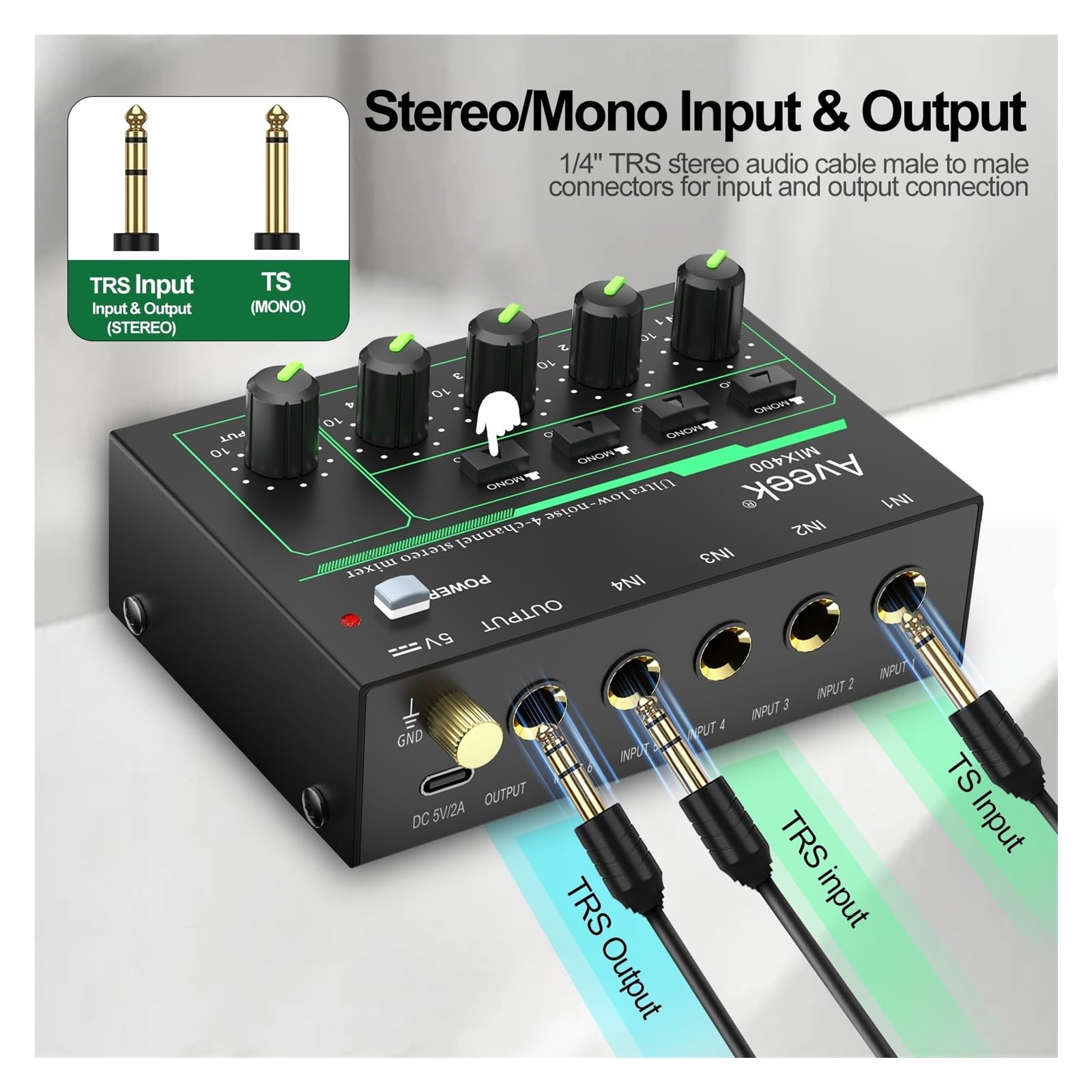 Mikser 4-kanałowy - Mini mikser stereo 4, niski poziom szumów do precyzyjnego miksowania podrzędnego, wejście/wyjście TRS 1/4" dla mikrofonów