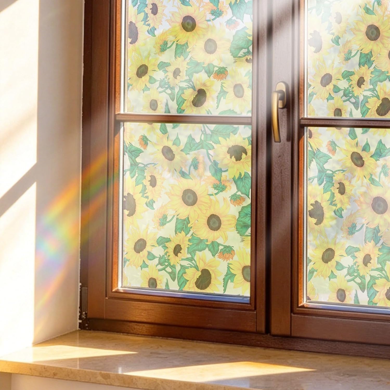 Vintage Sunflower Stained Sunroof Decal for Car, Rainbow Floral Stained Glass Static Cling Window Film, UV Blocking, Decorative Privacy Window Film for Vehicle, Home & Office, 17.72" x 35.43"