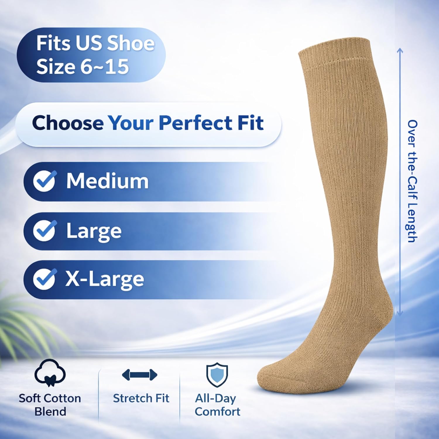 Diamond Star 6 Pairs Diabetic Knee High Socks for Men, Over the Calf | Non-Binding Cotton Socks, Comfortable Fit, Men's Shoe (US, Alpha, Large, Regular, 6 Pairs Khaki)