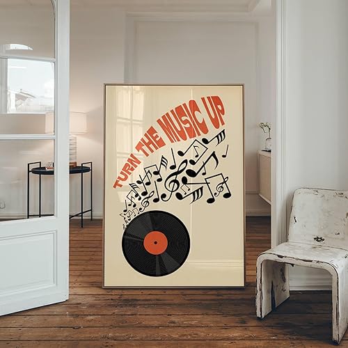 Retro Music Wall Art Poster, Turn The Music Up Design with Vinyl Record and Musical Notes, Unframed, Decor For Studios, Living Spaces (16x24)