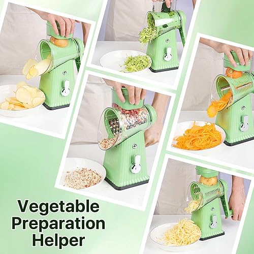 Miniatura 5 de Rallador rotativo de queso con 5 cuchillas, tubo grande para alimentos, empujador de alimentos de seguridad, base de succión fuerte, verde menta