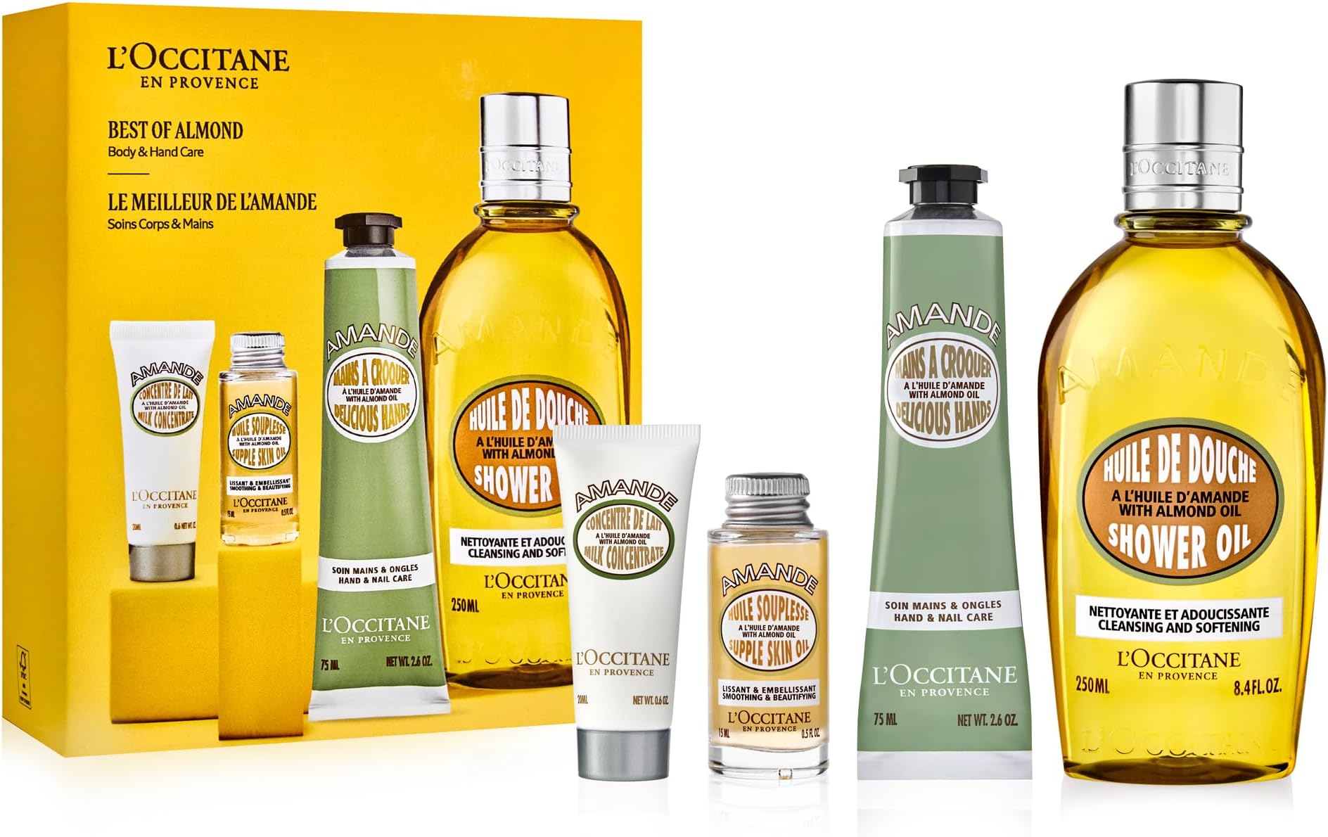 L'OCCITANE Almond Greatest Hits: Cleansing Shower & Supple Skin Oils, Moisturizer & Hand Cream, Purifies, Hydrates, Smooths Skin, Bath & Body Gift Set