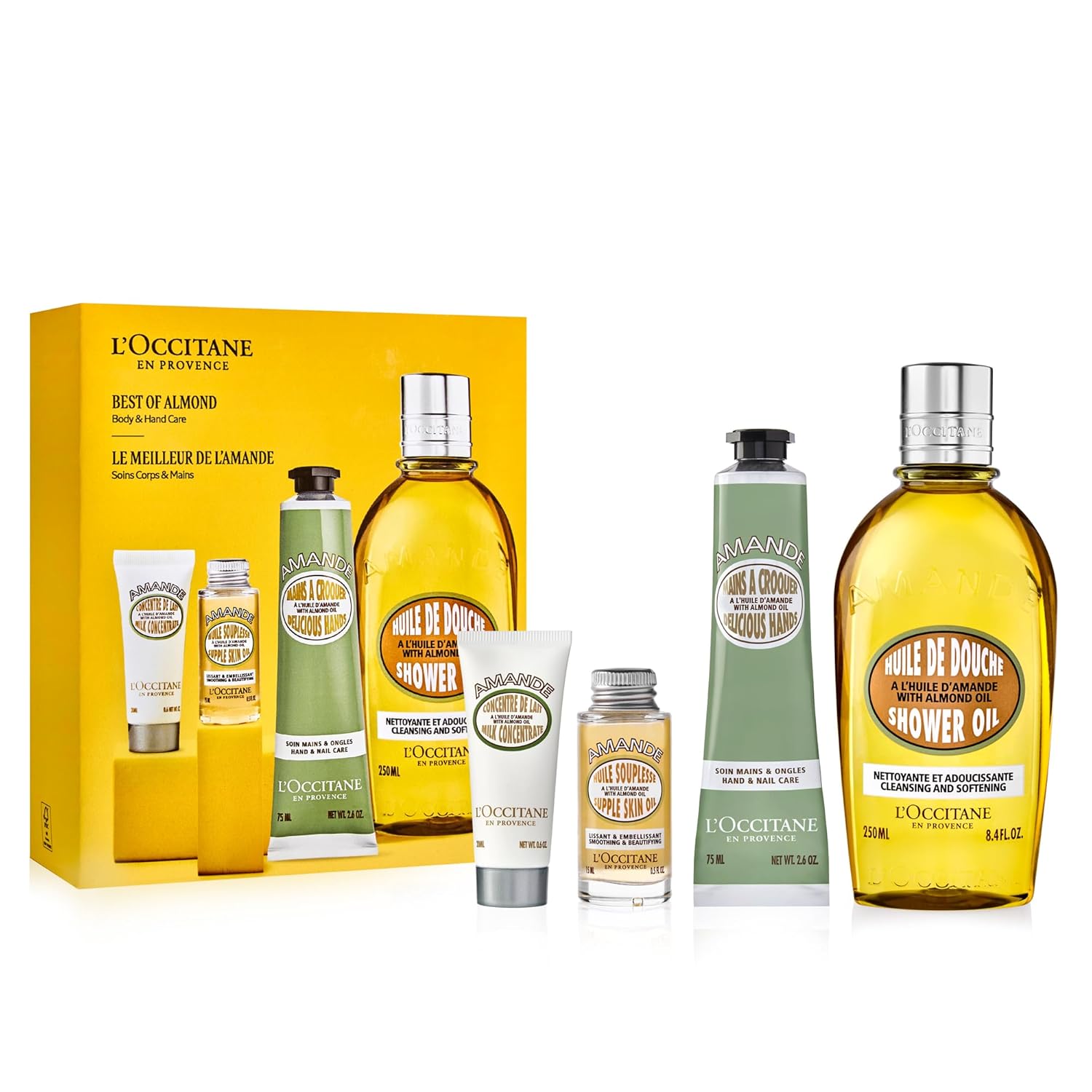 L'OCCITANE Almond Greatest Hits: Cleansing Shower & Supple Skin Oils, Moisturizer & Hand Cream, Purifies, Hydrates, Smooths Skin, Bath & Body Gift Set