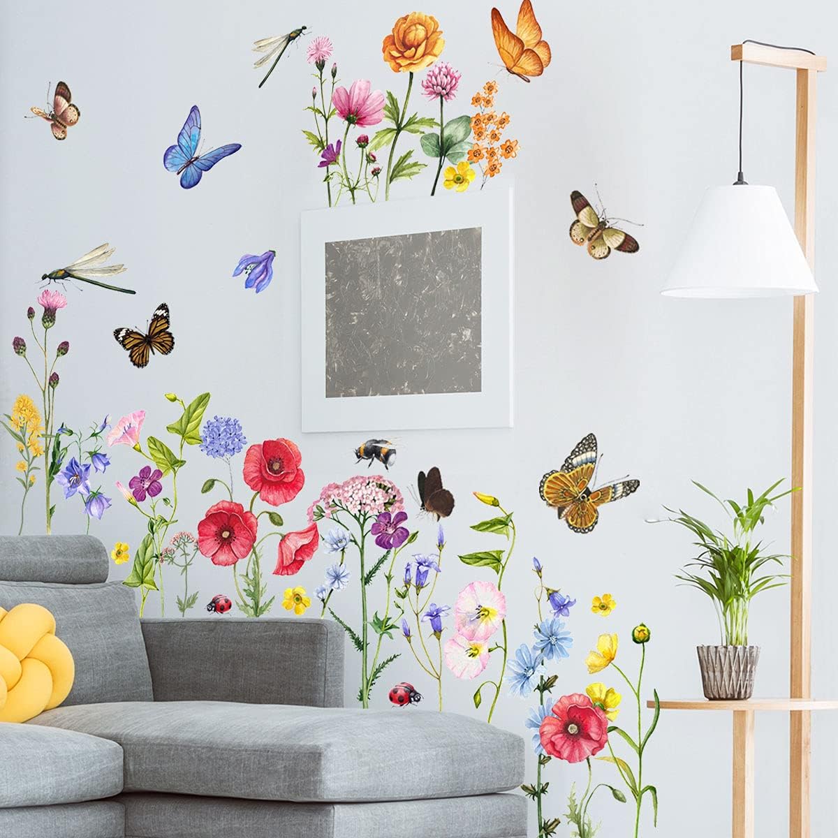 6 Pieces Flowers Wall Decals Vinyl Flowers Wall Stickers Removable Floral Murals Peel and Stick Colorful Flower Decor for Girls Bedroom Living Room Nursery (Butterfly and Dragonfly)