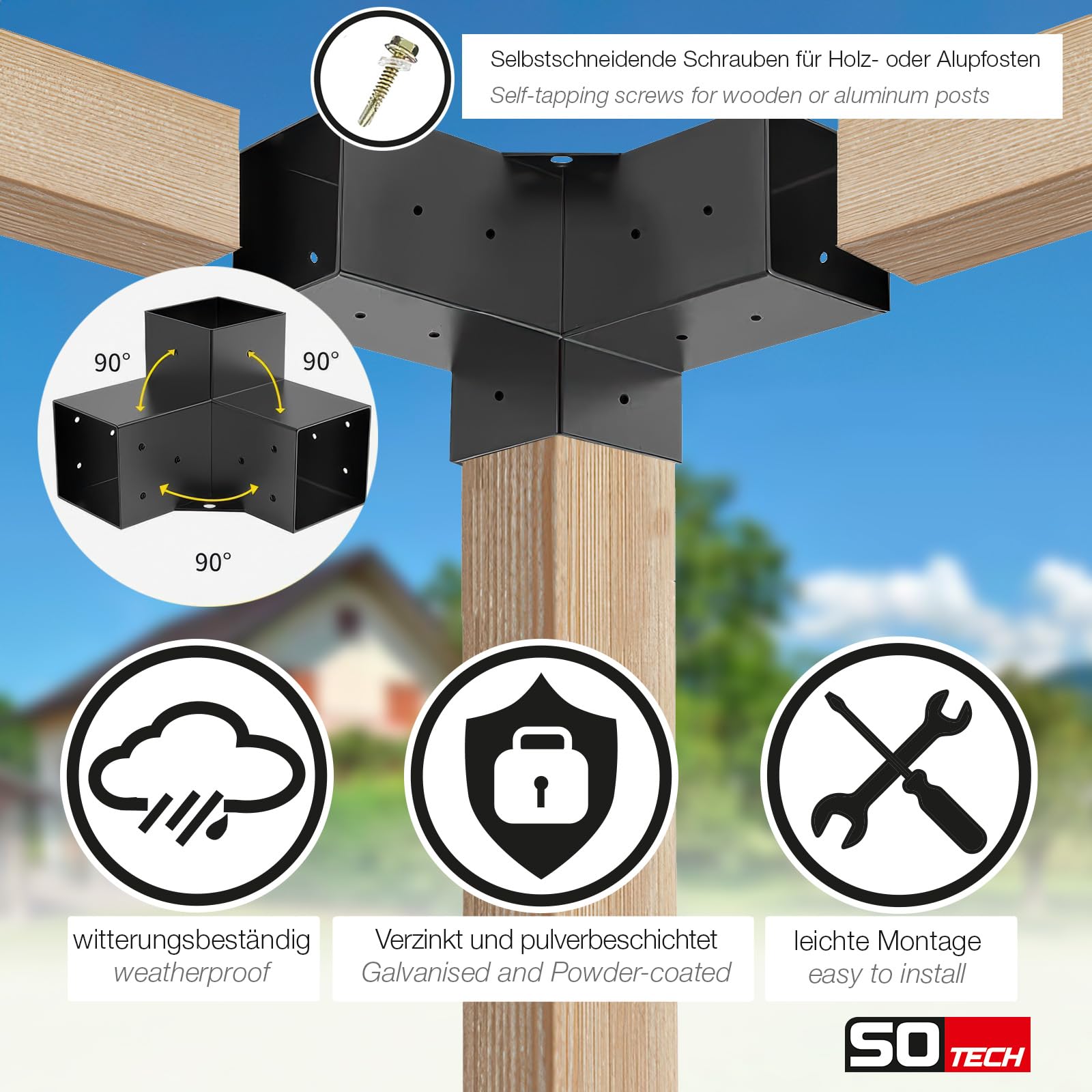 SOTECH Conector de esquina 90 x 90 mm (conector de 3 vías) de acero cuadrado galvanizado y recubierto de polvo negro para una máxima protección contra la corrosión