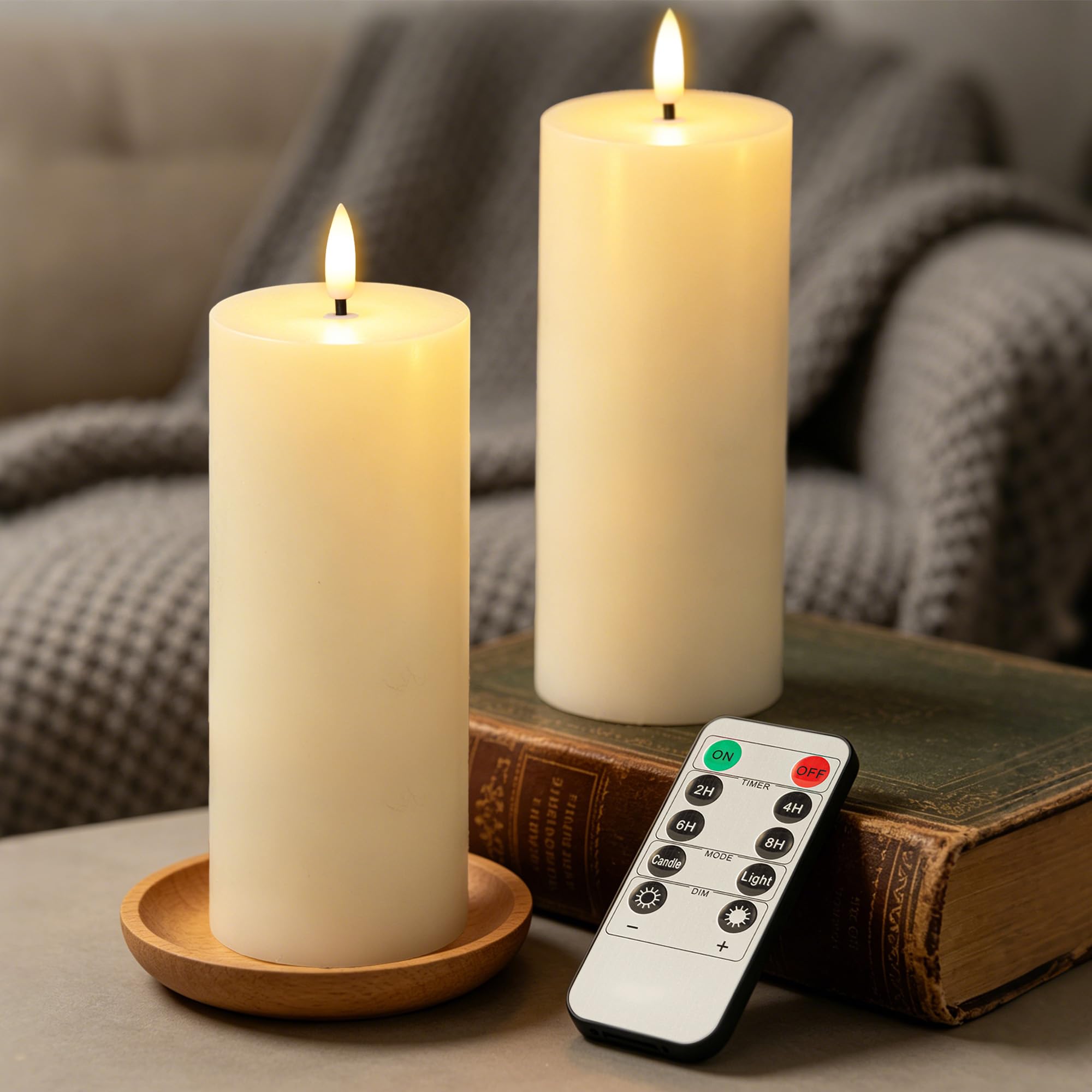 Vela LED de cera real con control remoto de 3x9 pulgadas y llama parpadeante segura 8