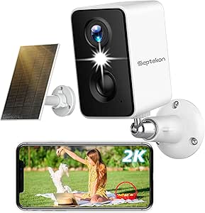 Septekon 2K Security Camera Outdoor Wireless,Flood Light WiFi Battery Camera with Solar Panel,PIR Human Detection with 3MP Color Night Vision, 2-Way Talk, IP66 Waterproof-White asin的图片