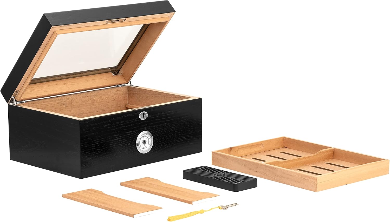 Milano Glasstop Cigar Humidor, Holds 75-100 Cigars, Black Oak