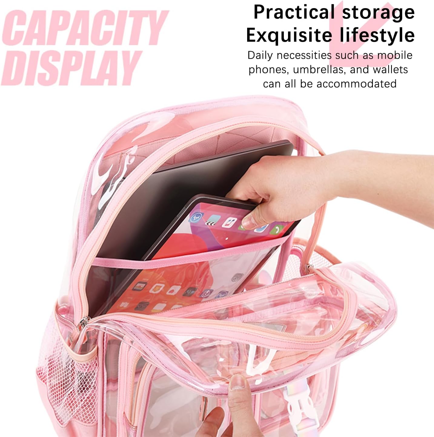 Clear Backpack for School Heavy Duty PVC Transparent Bag See Through Bookbag for Stadium Approved Women Girls (Cute, Pink) - Image 5