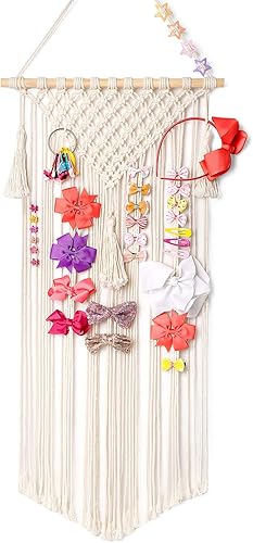 Mkono Soporte para moño de macramé para colgar en el cabello organizador de almacenamiento con flecos decoración de pared borlas y lazo organizador