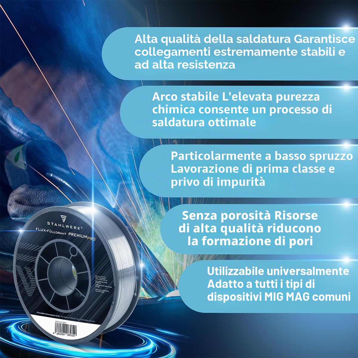 STAHLWERK Filo animato FLUX - E71T-GS 0,8 mm, bobina di filo da 5 kg D200, bobina di filo per mandrino da 50 mm, filo di saldatura premium, filo di apporto, filo di saldatura universale