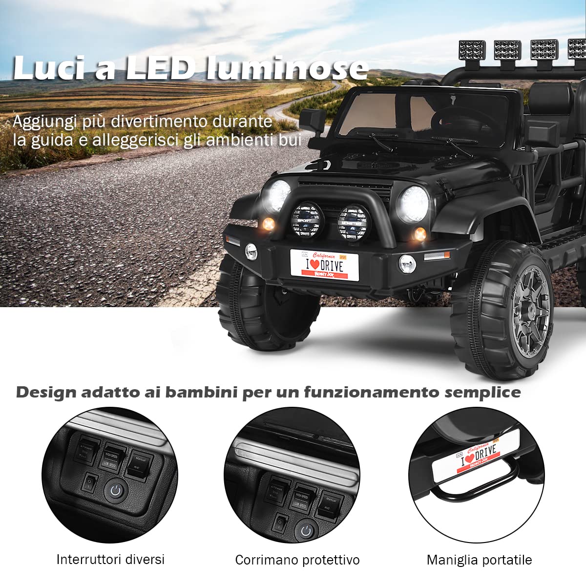 COSTWAY Auto Macchina Elettrica per Bambini 12V, Veicolo Elettrico a Batteria a 2 Posti, con Telecomando 2,4 G, Porta USB e AUX, per Bambini 3+ Anni (Nero)