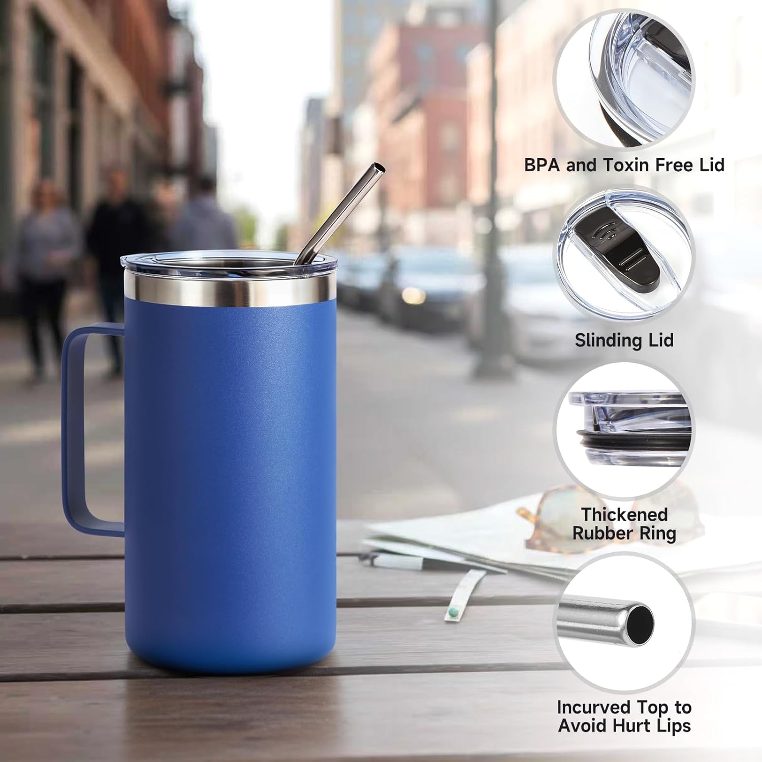 Volhoply 24oz Insulated Coffee Mug with Lid and Straw, Stainless Steel Travel Mugs with Handle, Double Wall Vacuum Leak Proof Coffee Tumbler Cup (Blue,1) - Image 6