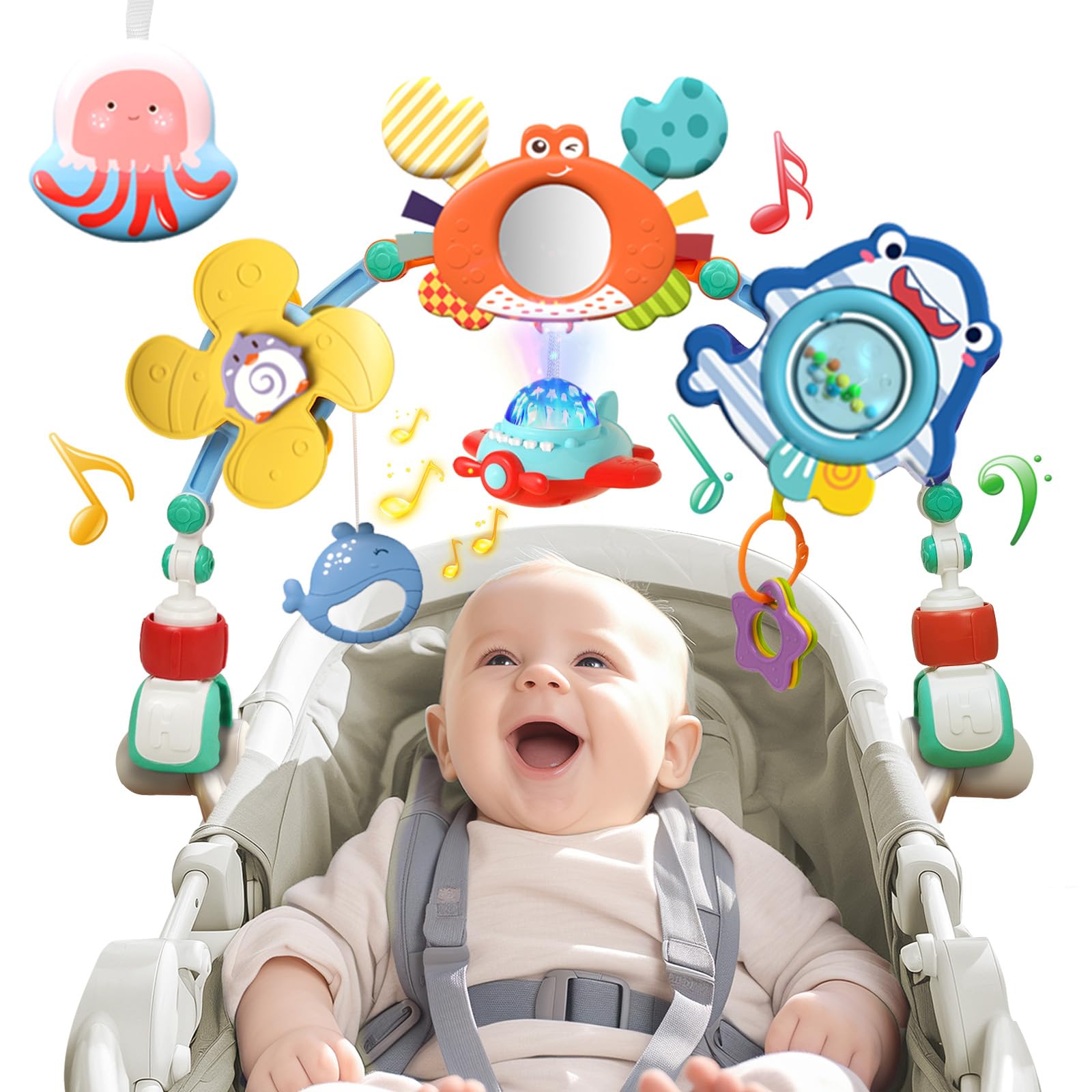 Musical Baby Stroller Arch, Travel Car Seat Toys, Baby Play Arch Crib Accessory, Mobile for Bassinet, Pram Activity Arch Bar for Babies Infants