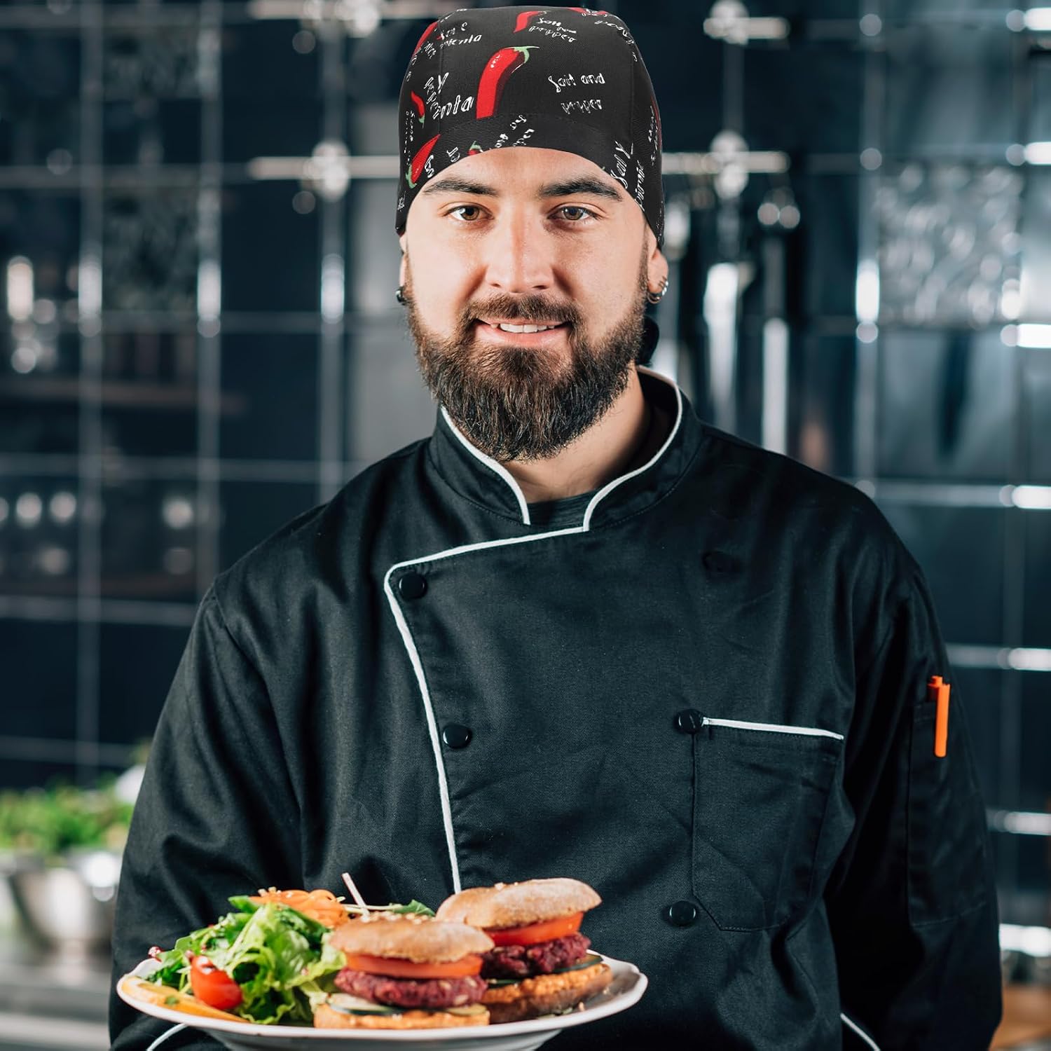 3 Pcs Pack Chef Hats, Professional Head Scarf for Men and Women, Adjustable Kitchen Cooking Cap, Bandana Scarves & Turban Covers for Cooking Fit All Adults Black