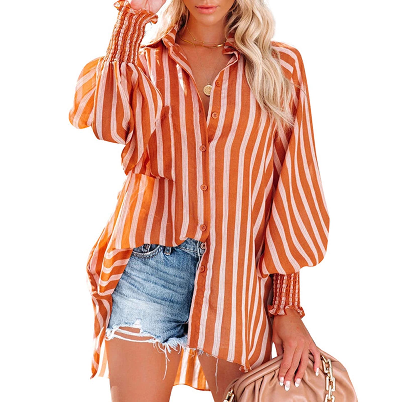– Women Oversized Button Down Shirt Long Sleeve Lapel V Neck Blouse Summer Basic Casual Loose Collared Pocket Tops