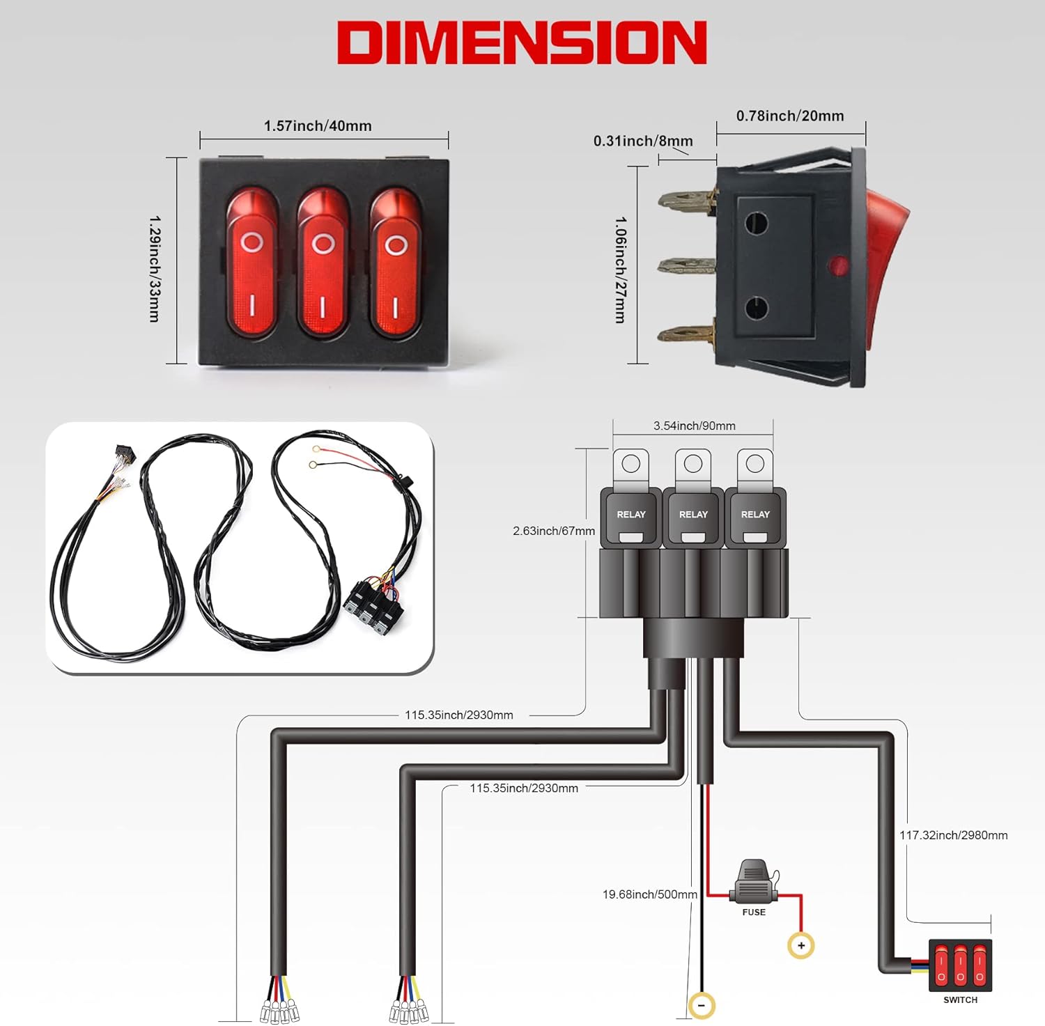 12V 4 Wire LED Side Shooter Pods Wiring Harness Kit with 3 On/Off Switches for Off Road, Heavy Duty Truck, ATV, SUV LED Work Light Pods