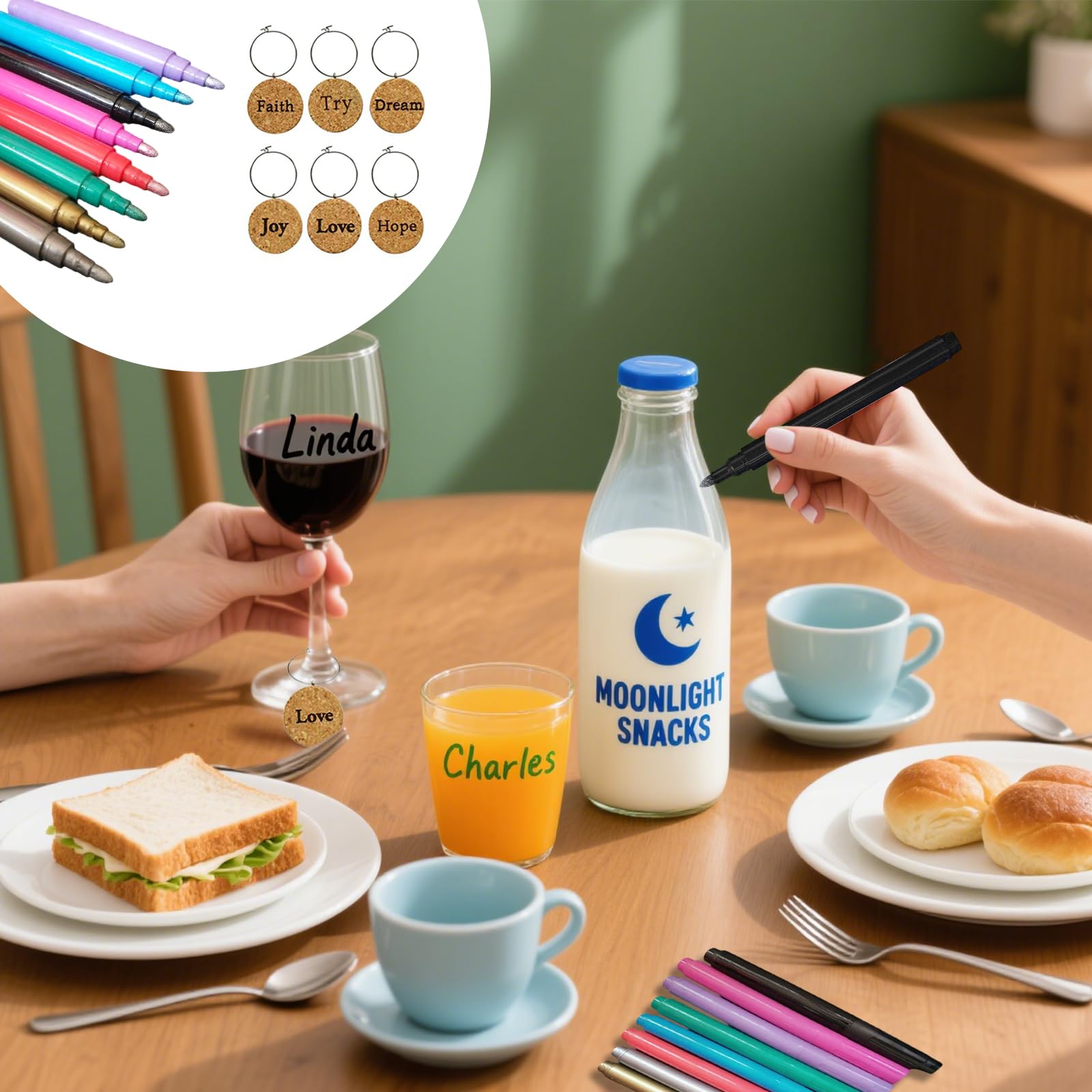 14 Teiliges Set Weinglas-Marker, 8 Glasstifte mit abwaschbarer Tinte & 6 Weinglas-Schmuck-Hänger, Spülmaschinenfest Ungiftig, Ideal für Partys Feiern Geburtstage Hochzeiten