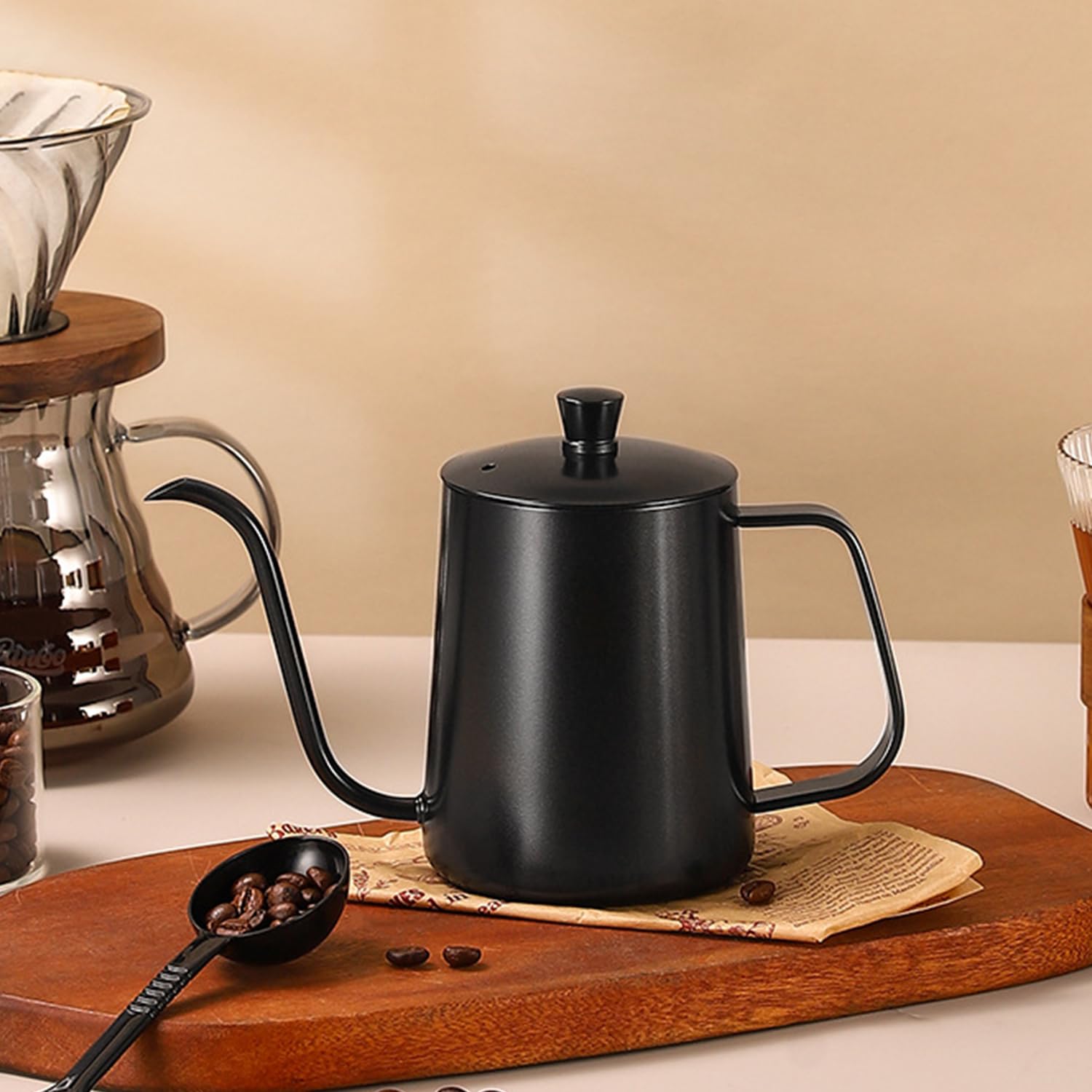 Bollitore da caffè a collo d'oca da 600 ml, in acciaio inox, con beccuccio lungo e stretto, bollitore antigoccia (nero)