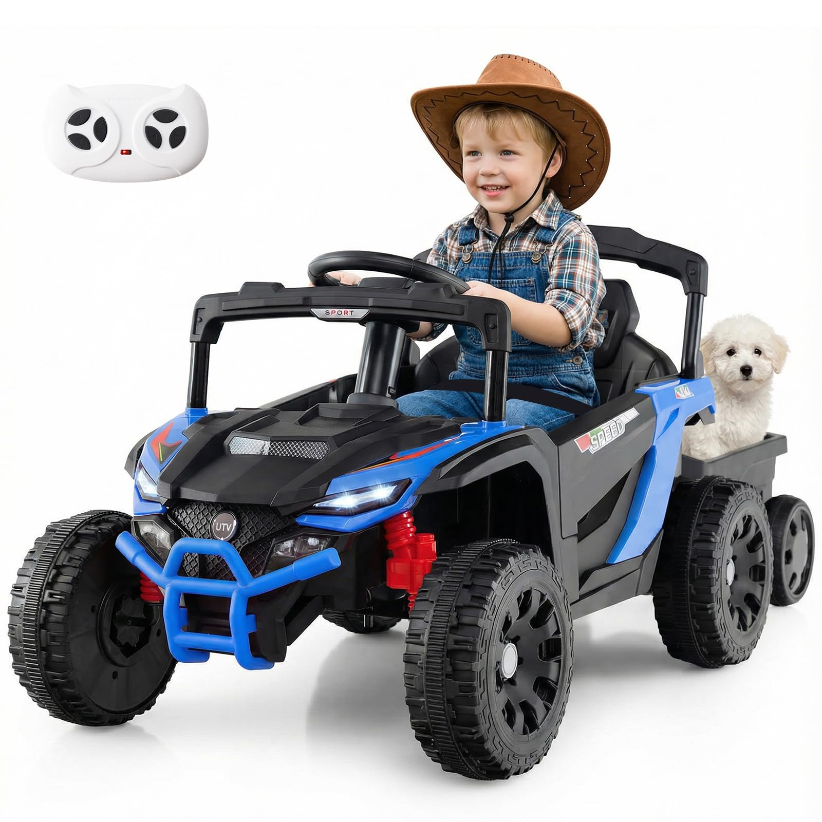 DREAMADE Tracteur Électrique Enfant 12V avec Remorque Détachable, Télécommande Parentale 3 Vitesses, Suspensions, Lumières LED & Musique, Voiture à Batterie pour Enfants 3+ Ans (Bleu)
