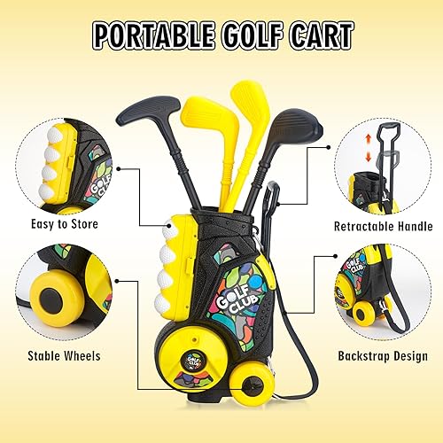 Miniatura 5 de Juego de golf para niños pequeños con carrito, 4 palos de mango mejorados, tapete de putting de 47.2 pulgadas, 8 bolas, accesorios de entrenamiento