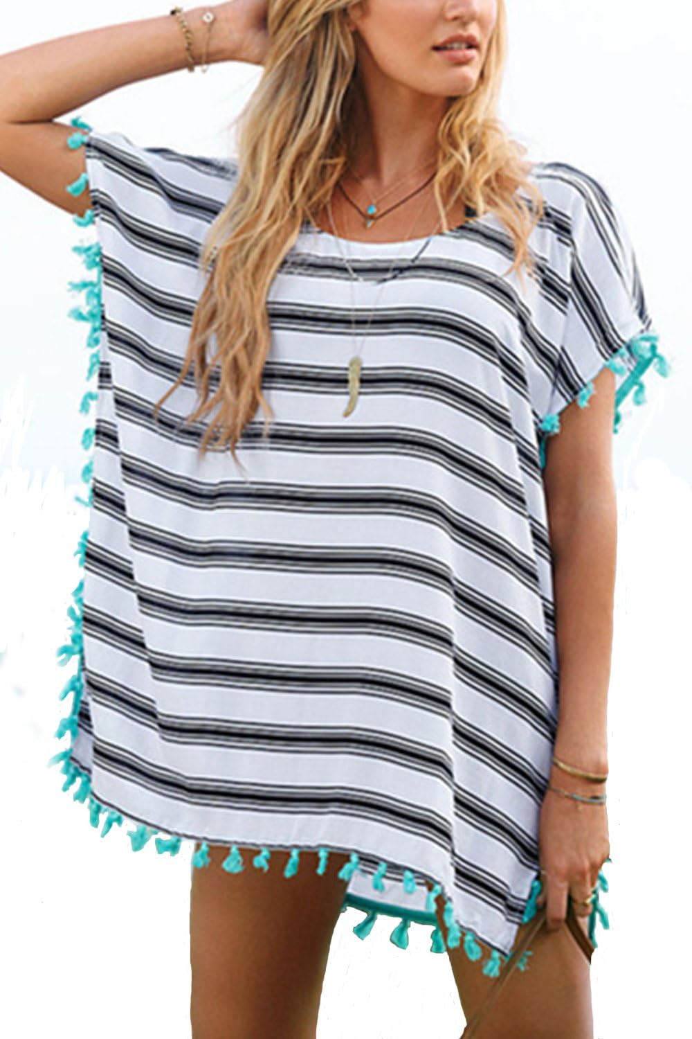 Womens Chiffon Beachwear Cover Up Tassel Bikini Swimwear Cover Up Stripe Bikini Coverups