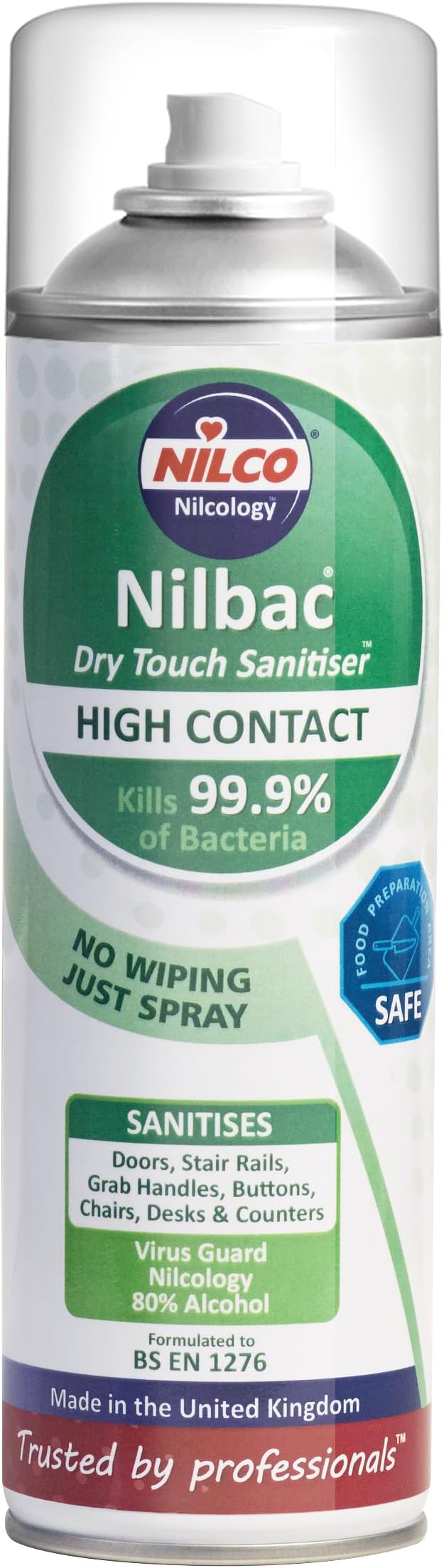Nilbac ‘Dry Touch Sanitiser’ 500ml HIGH CONTACT frequent use aerosol with Virus Guard Nilcology NO WIPING JUST SPRAY KILLS 99.9% of Bacteria