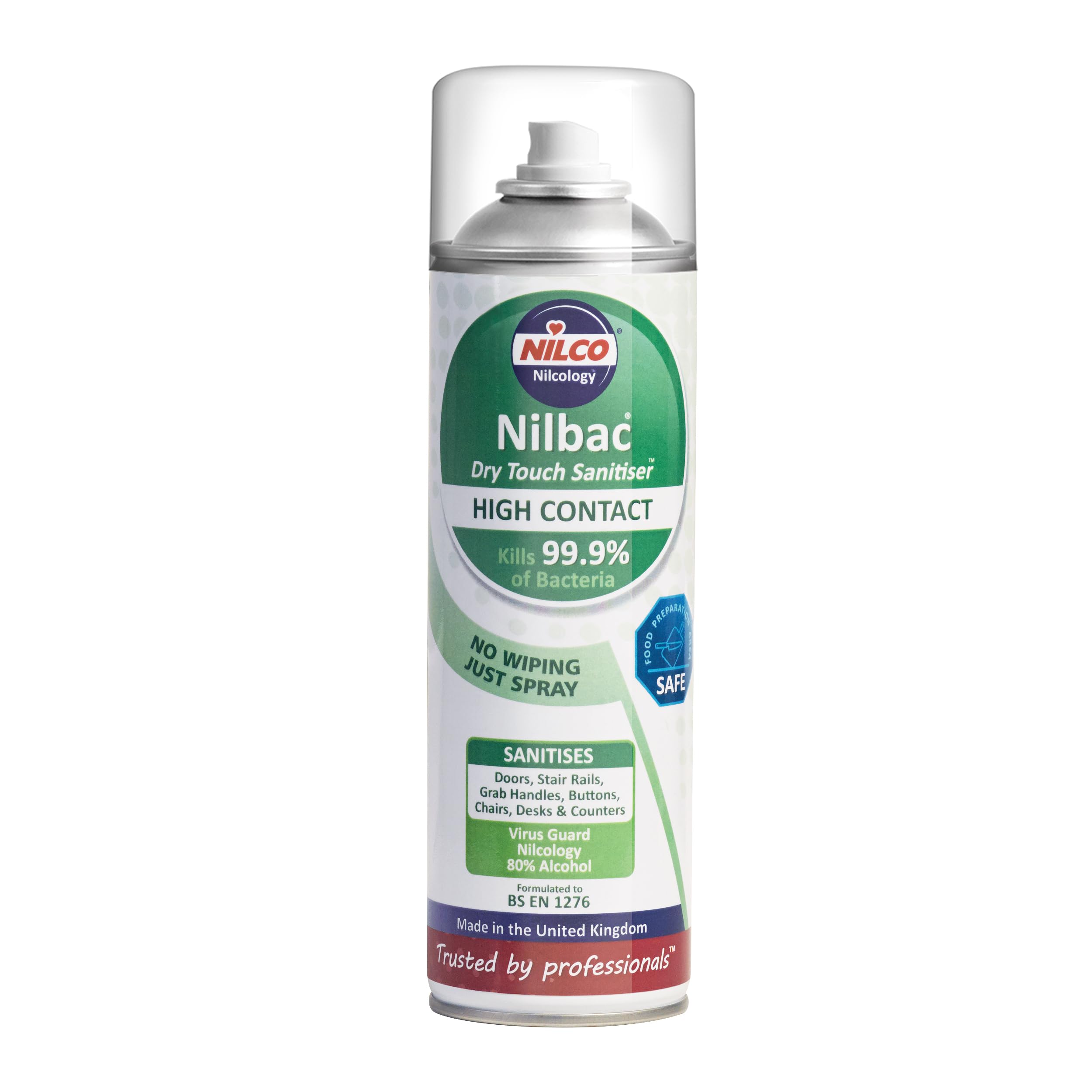 Nilbac ‘Dry Touch Sanitiser’ 500ml HIGH CONTACT frequent use aerosol with Virus Guard Nilcology NO WIPING JUST SPRAY KILLS 99.9% of Bacteria