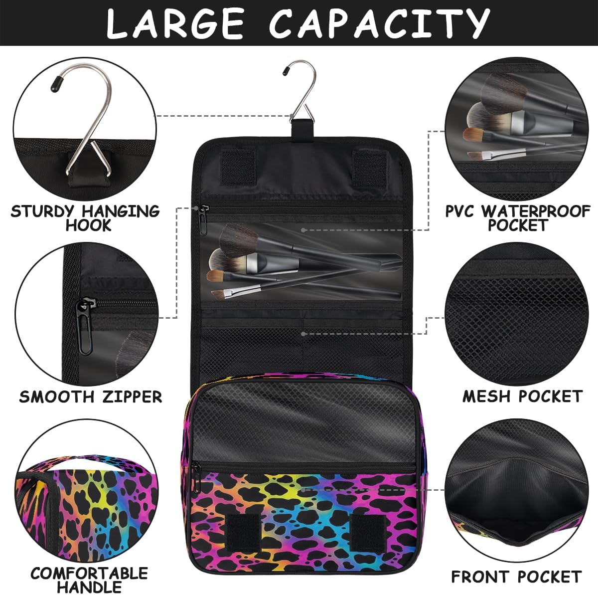 Hanging Toiletry Bag Animal Leopard Print Skin Cosmetics Makeup Bags with Hook Portable Multifunction Travel bag Wash Bathroom Organizer for Women Girls