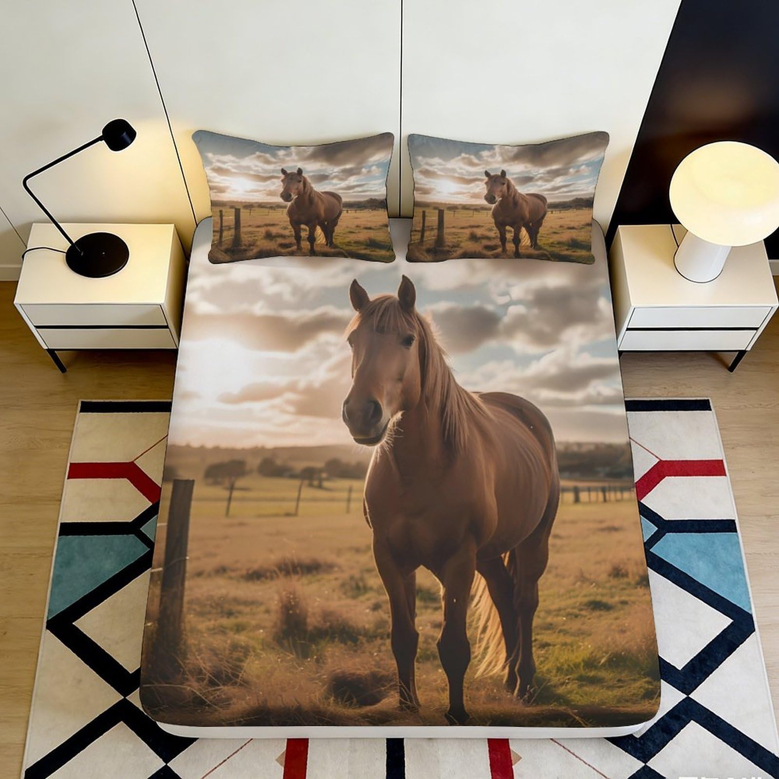 3D Printed Brown Horse Fitted Sheet Microfiber Soft Breathable Pasture Sunset Mattress Cover for Bedroom Dorm Mattress Protection Decor 90x200x25cm