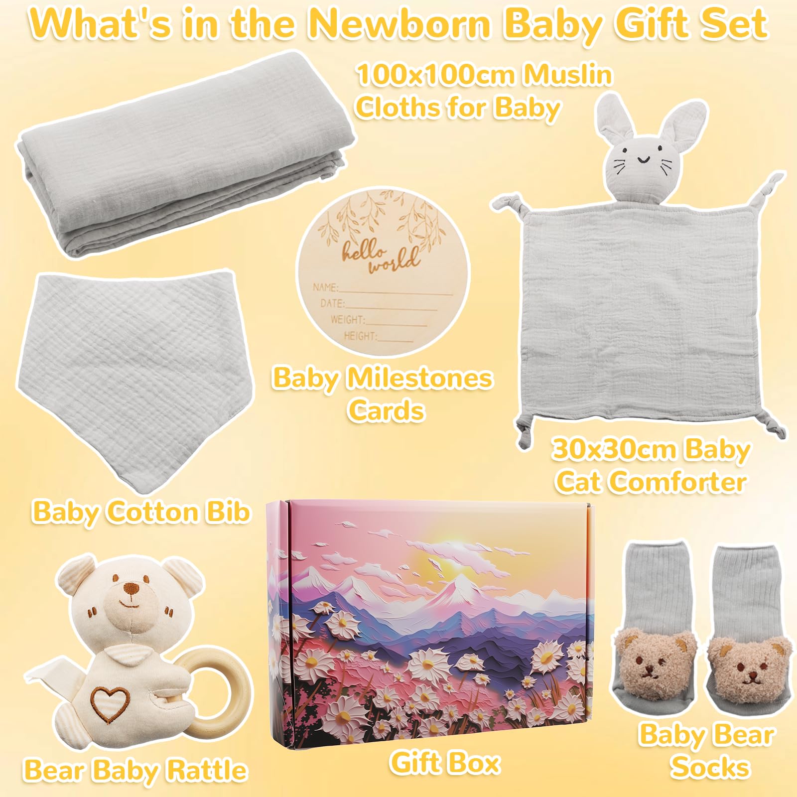 DRAKEWOOD Gris 6 en 1 Canastilla Bebe Recien Nacido Unisex con Toalla Baño Babero Triangular Calcetines Sonajero Tarjetas de Hitos y Mantita de Apego Gato - Set de Regalo Nacimiento para Niña Niño — view 3