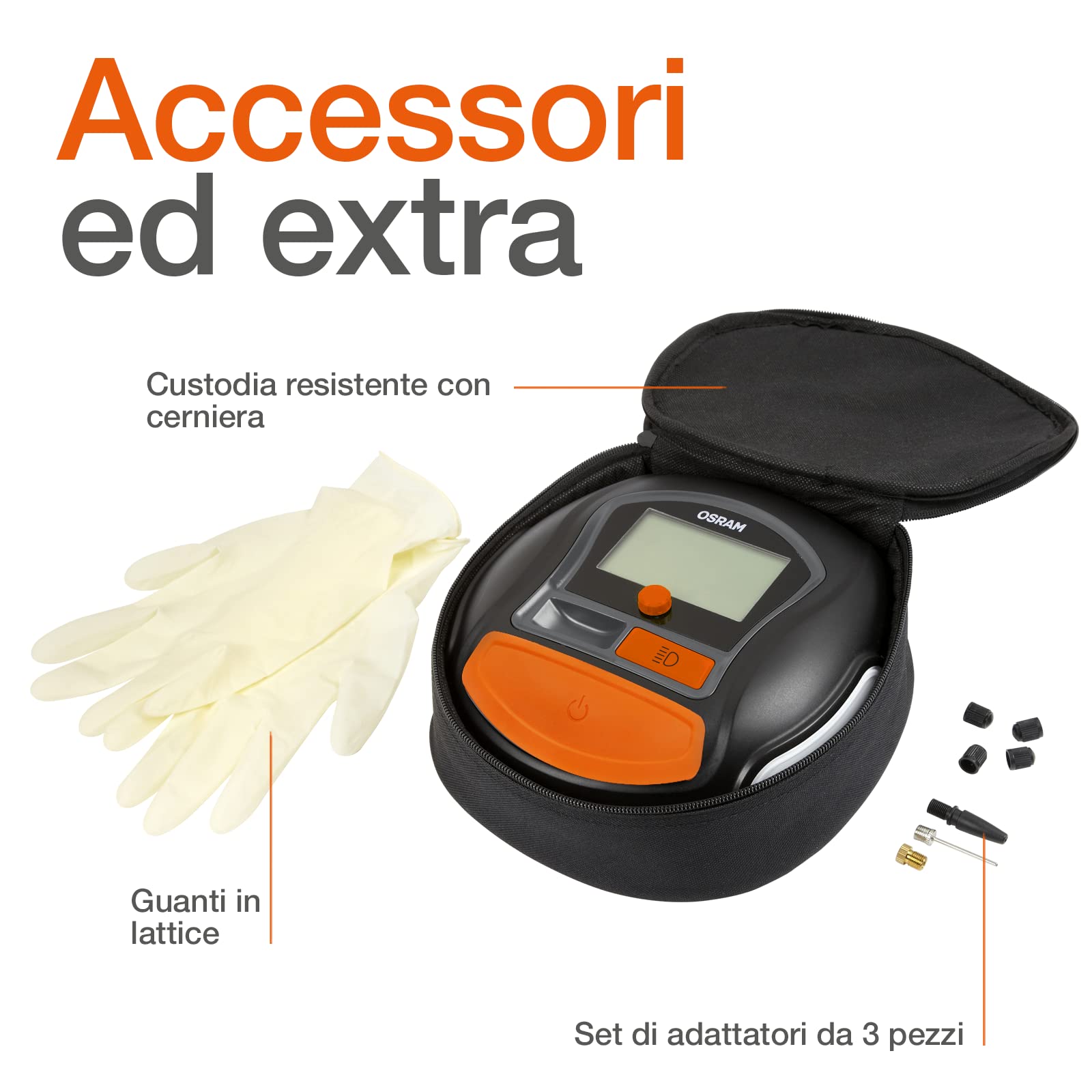 OSRAM TYREinflate RAPID, compressore d'aria digitale a 12 V, compressore portatile, autostop, luce LED, programmabile, pompa elettrica per pneumatici, collegamento 12V, gonfiaggio in 2 min