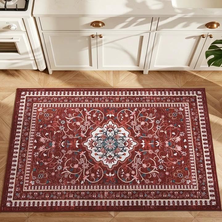 Tapete Boho Rojo 2' x 3' Lavable Antideslizante miniatura 1