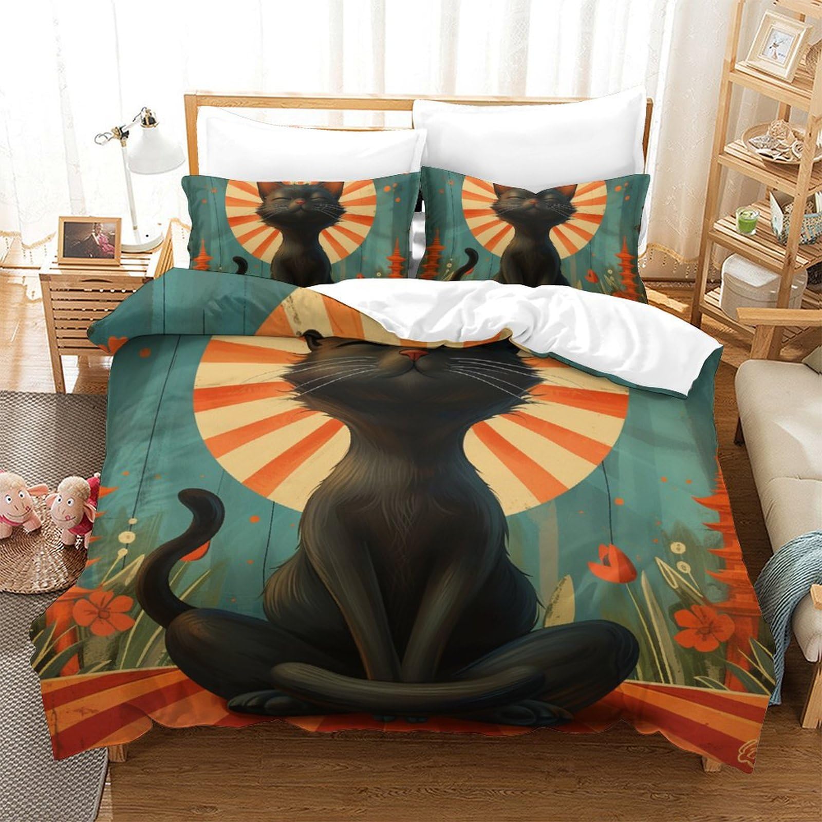 Parure de lit chat 3D comprenant une housse de couette 200x200 et deux taies d'oreiller en microfibre