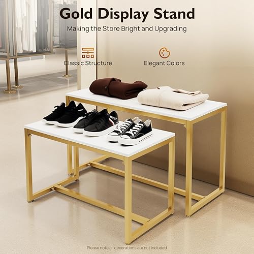 Miniatura 3 de Estantes de exhibición de venta al por menor de ropa de pie libre, juegos de mesas de anidación de diseño de oro blanco, zapatos boutique bolso