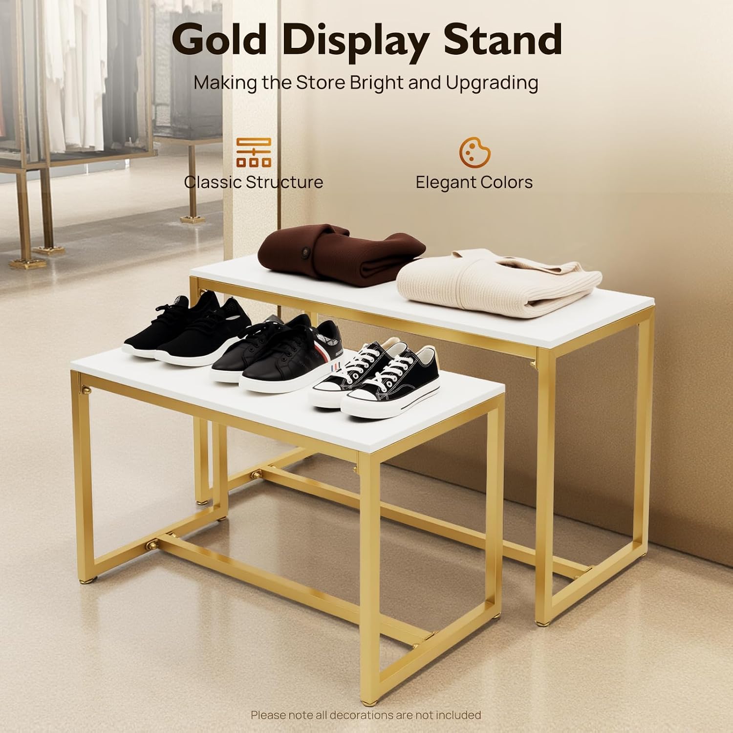 Metal Shoe Handbag Display Stand, Nesting Display Tables 2 Piece Set Clothing Rack for Retail Stores Iron and Wood White Gold for Boutique Clothing Store Shoe Display