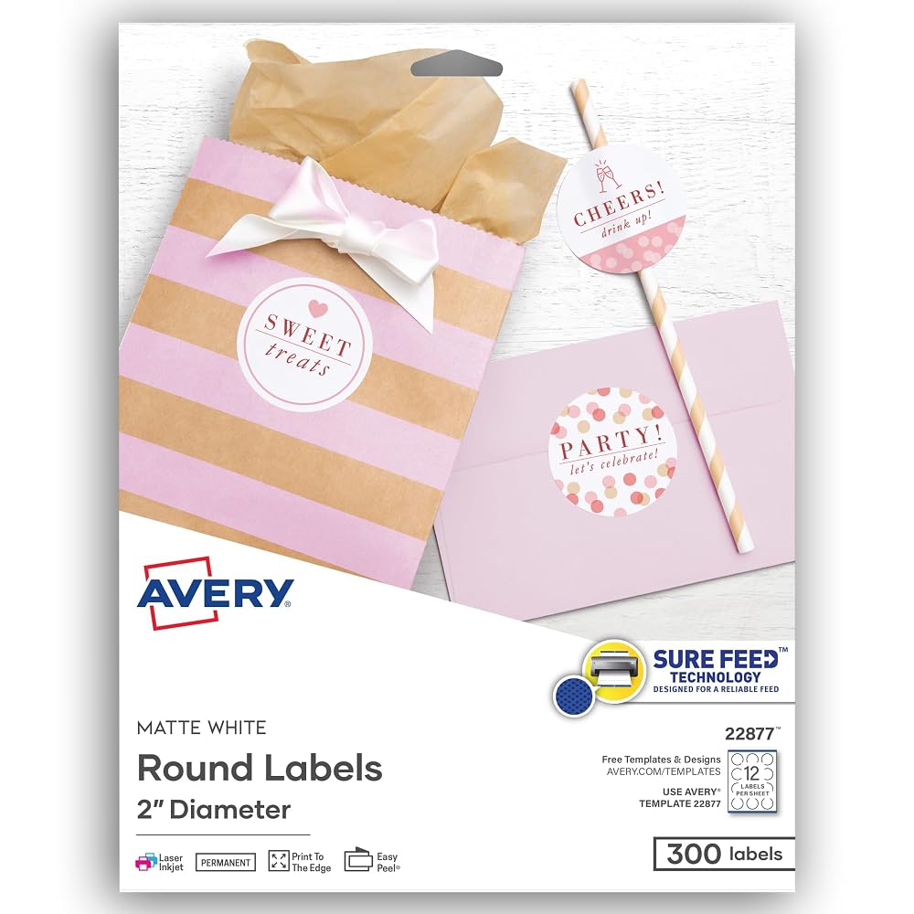 Avery® Printable Labels with Sure Feed®, 22877, Round, 2" Diameter, Matte White, 300 Customizable Labels